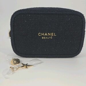 Chanel Beauté Black Bouclé Cosmetic Pouch Gold Logo Camellia Charms Navy Gold